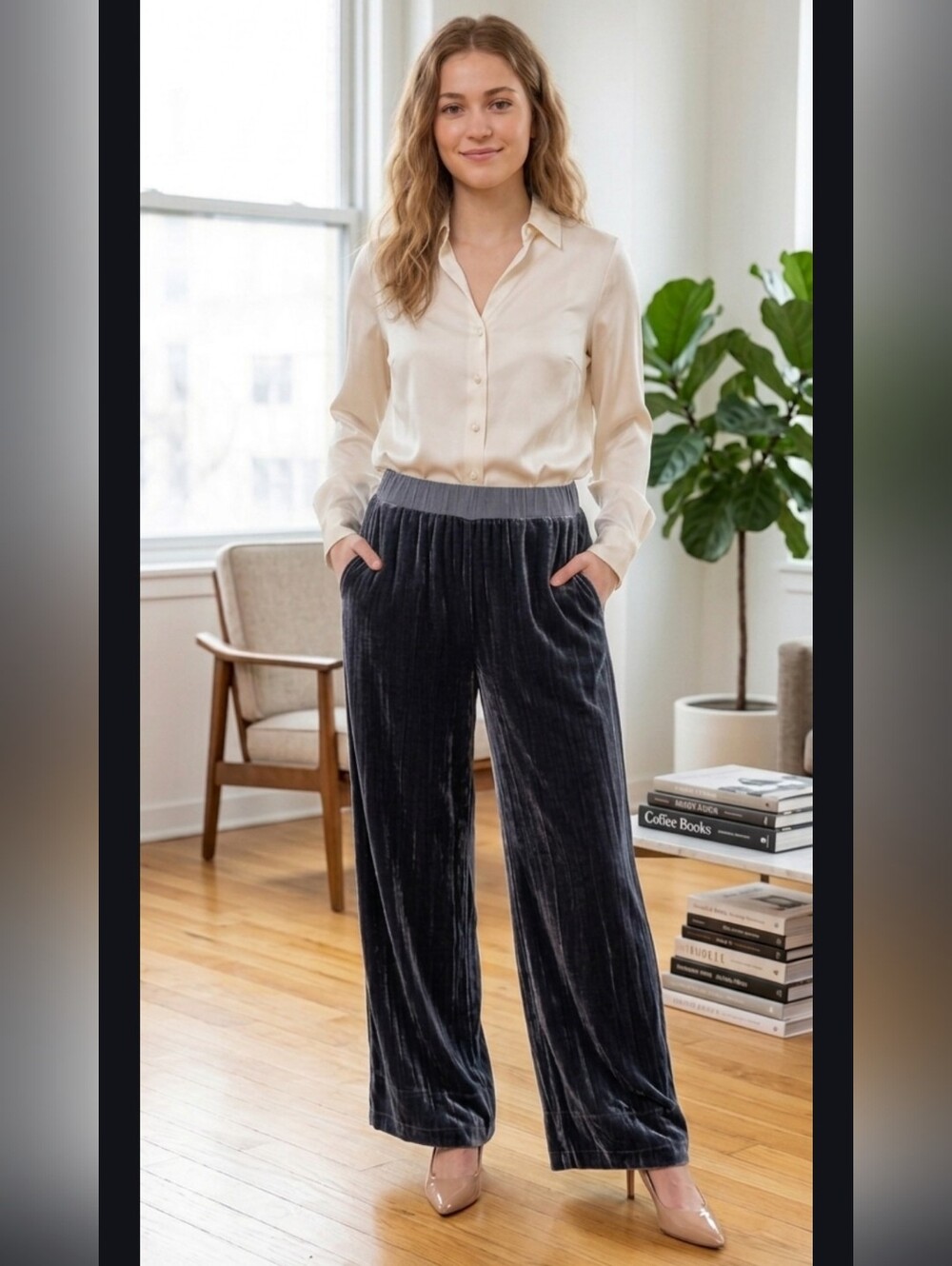 Nation LTD Navy Silk Velvet Wide Leg Pants Small